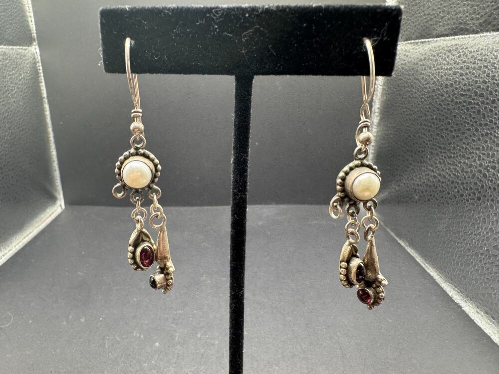 Vtg Garnet & Fresh Water Pearl Sterling Silver 925 Dangle Earrings 64.2mm